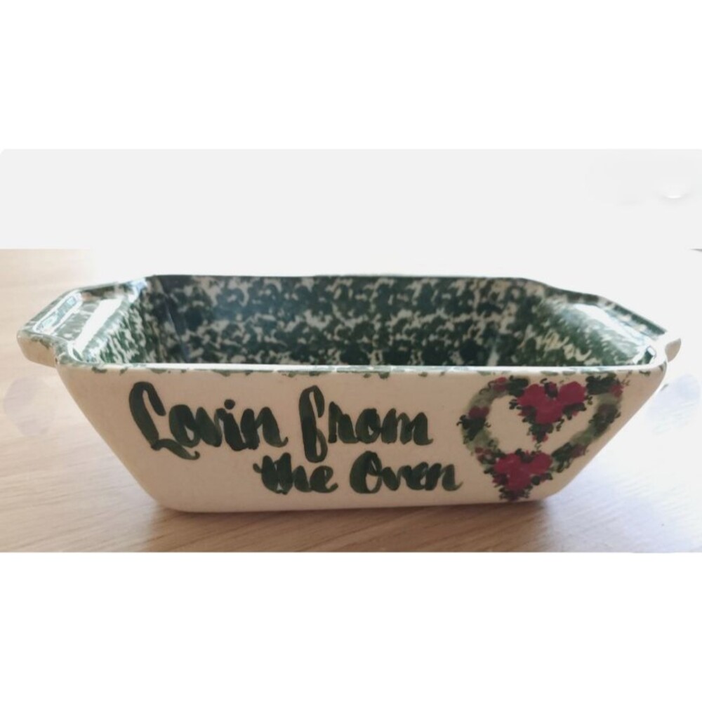 Vintage East Texas Pottery Green Spongeware Loaf Pan Lovin From The Oven Texas